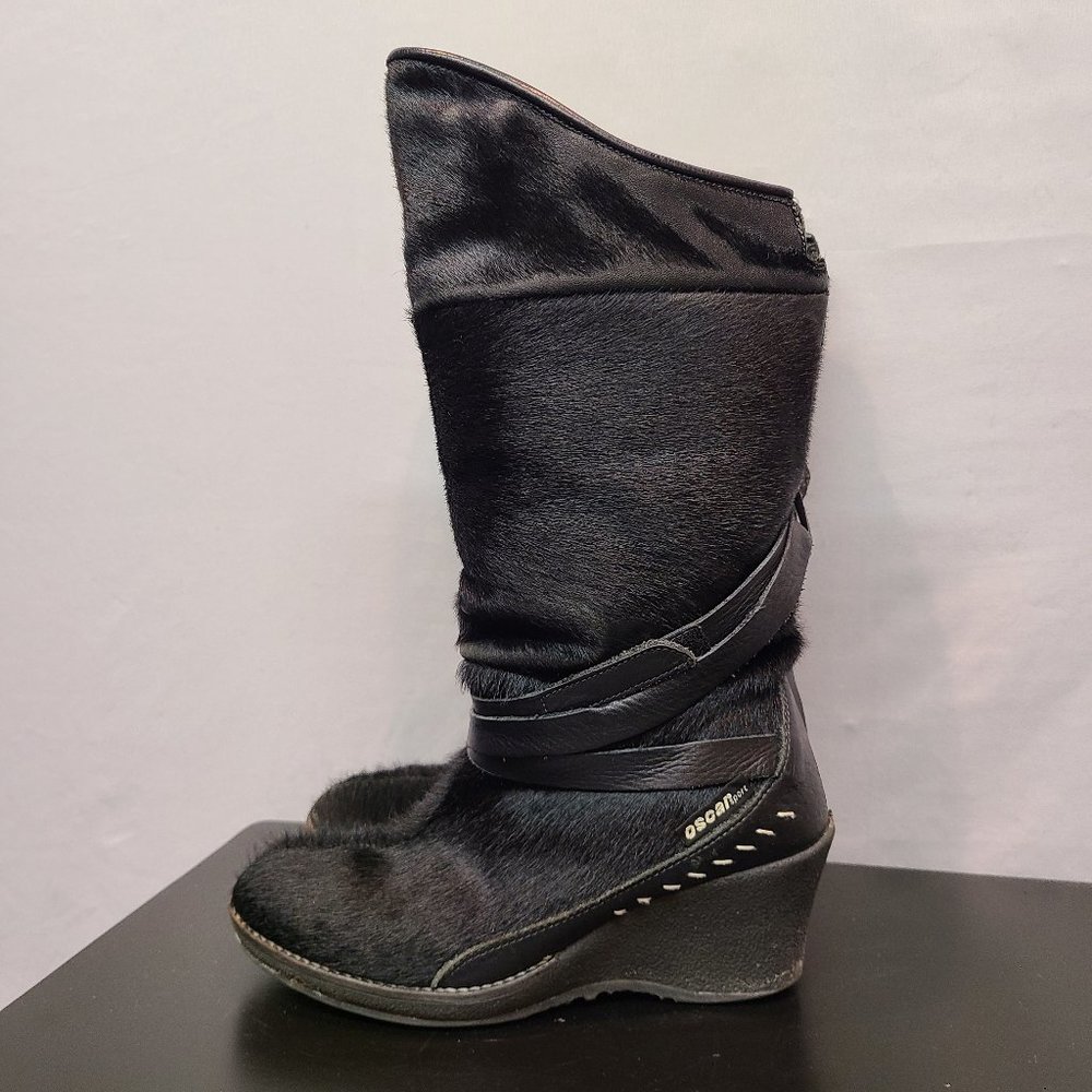 Oscar Sport Boots Womens 6.5 /7 Leather Fur Knee High Wedge Heel Made in Italy